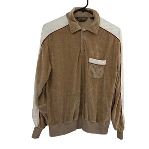 Sears Shirt Mens Medium Tan Velour Colorblock Vtg Sportswear Long Sleeve Polo